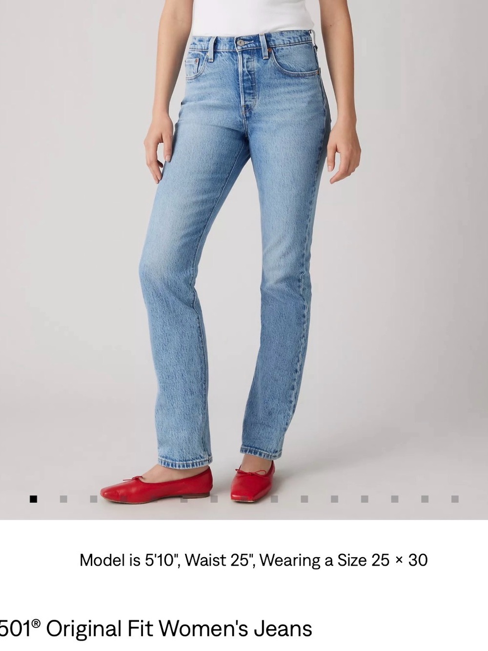 Levi's Women's Straight-Leg Jeans in Light Blue Denim with Red Flats